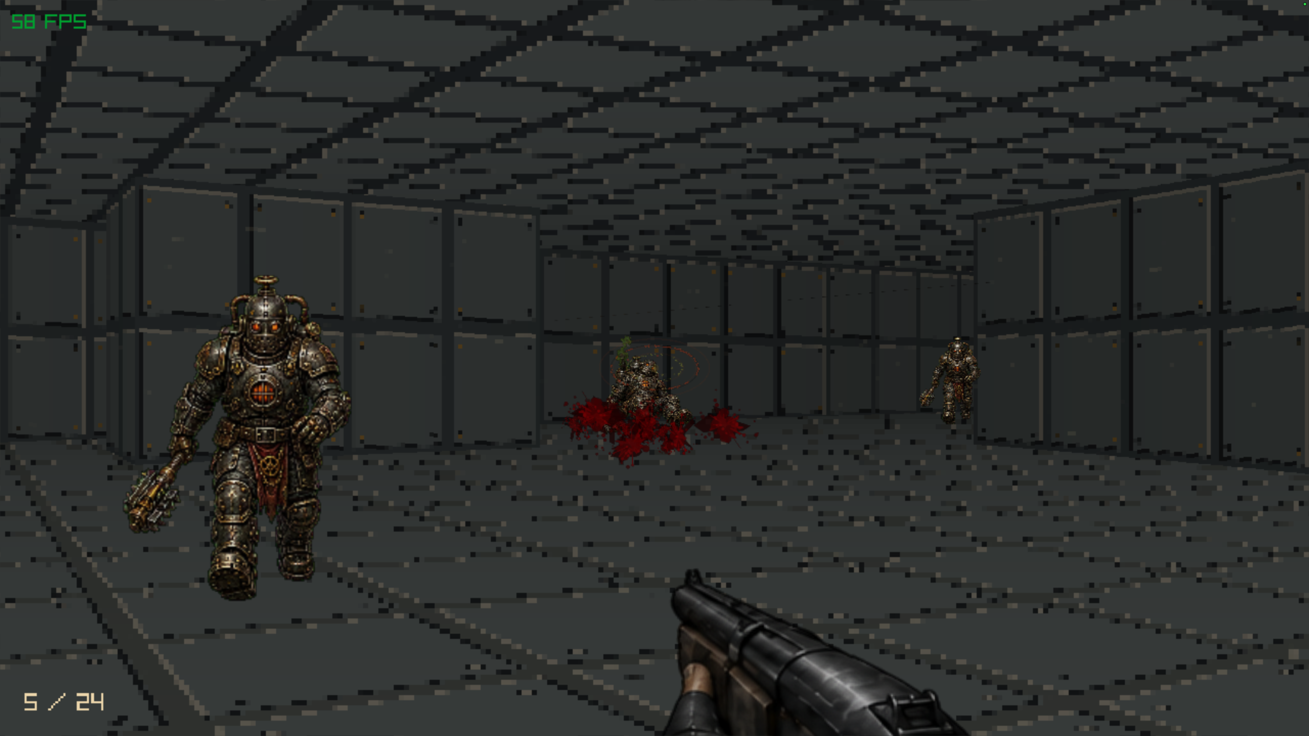 Noscope Hero gameplay screenshot with armored enemies in a retro sci-fi corridor