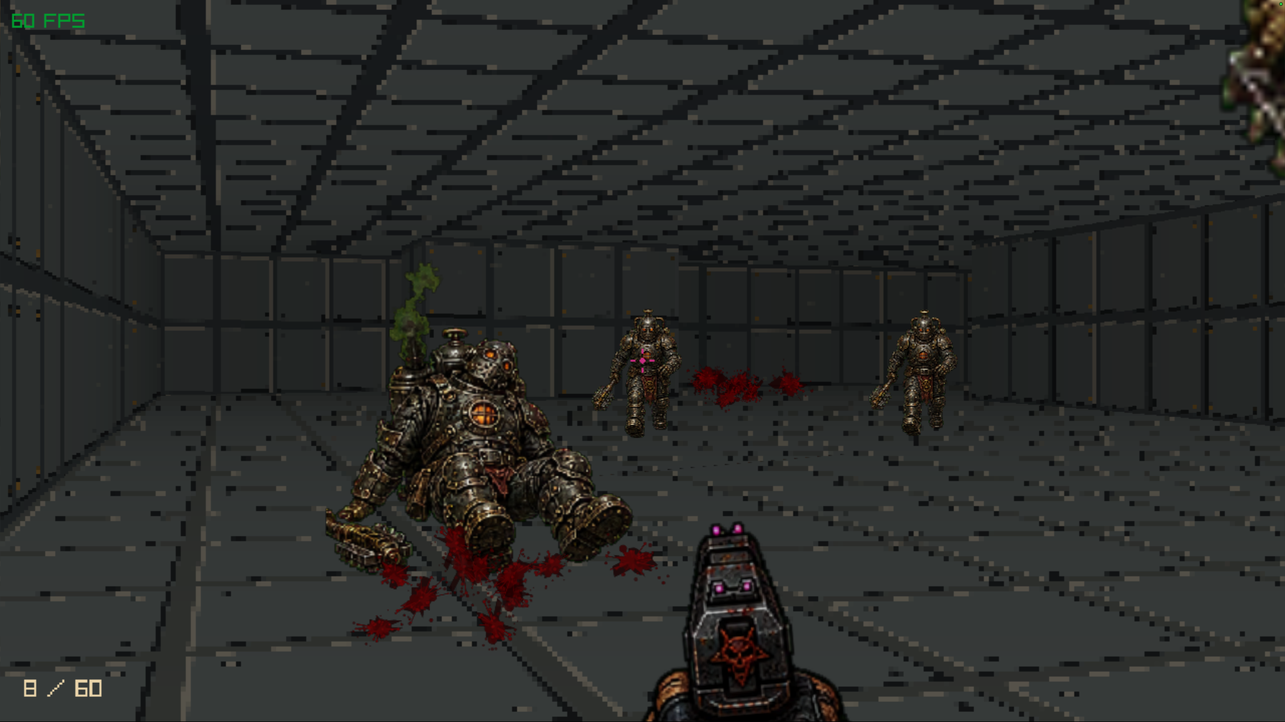 Noscope Hero screenshot showing pumpgun combat in a metal corridor
