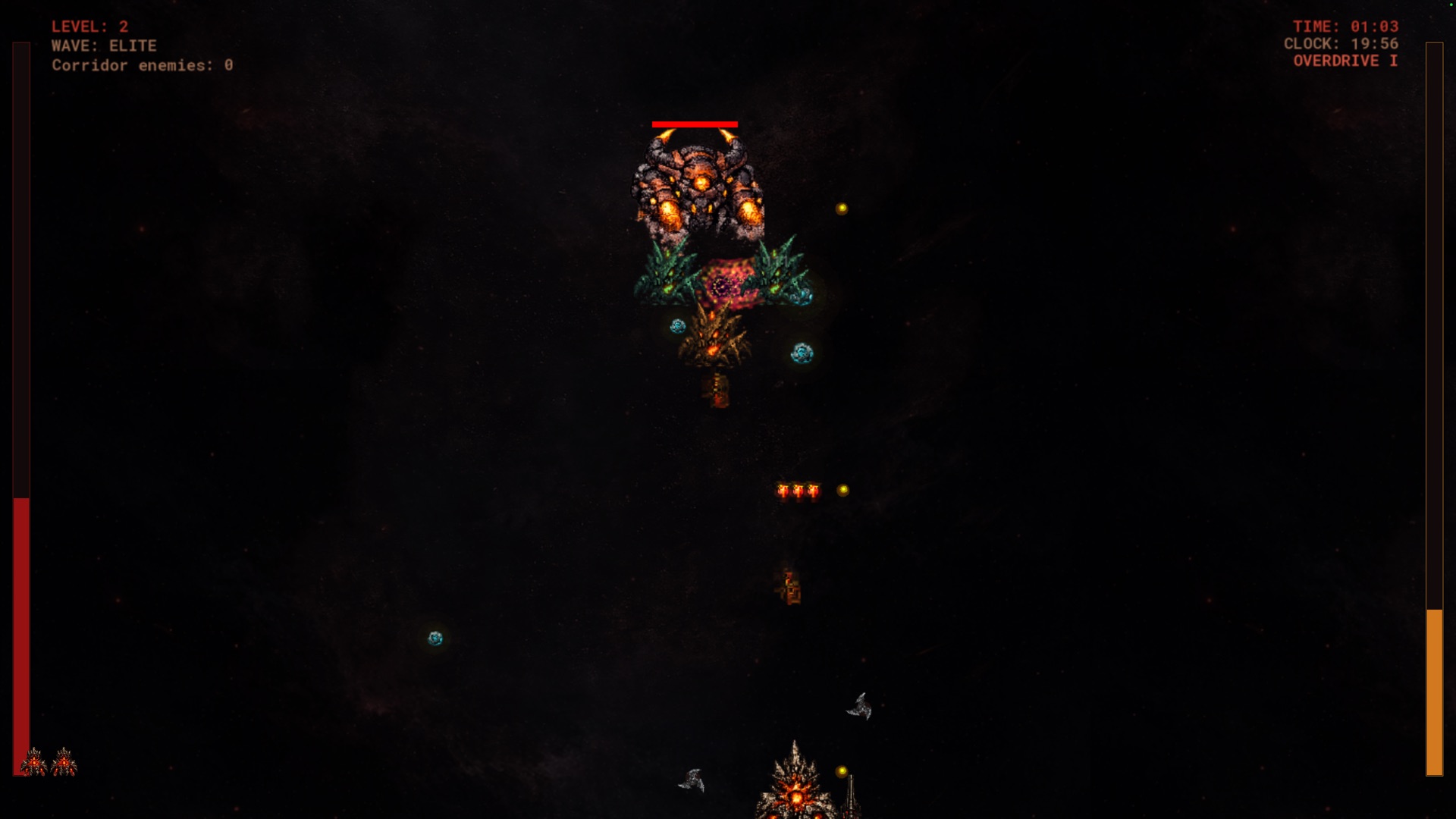Sakrul Survivors gameplay screenshot with a boss enemy and top-down sci-fi action