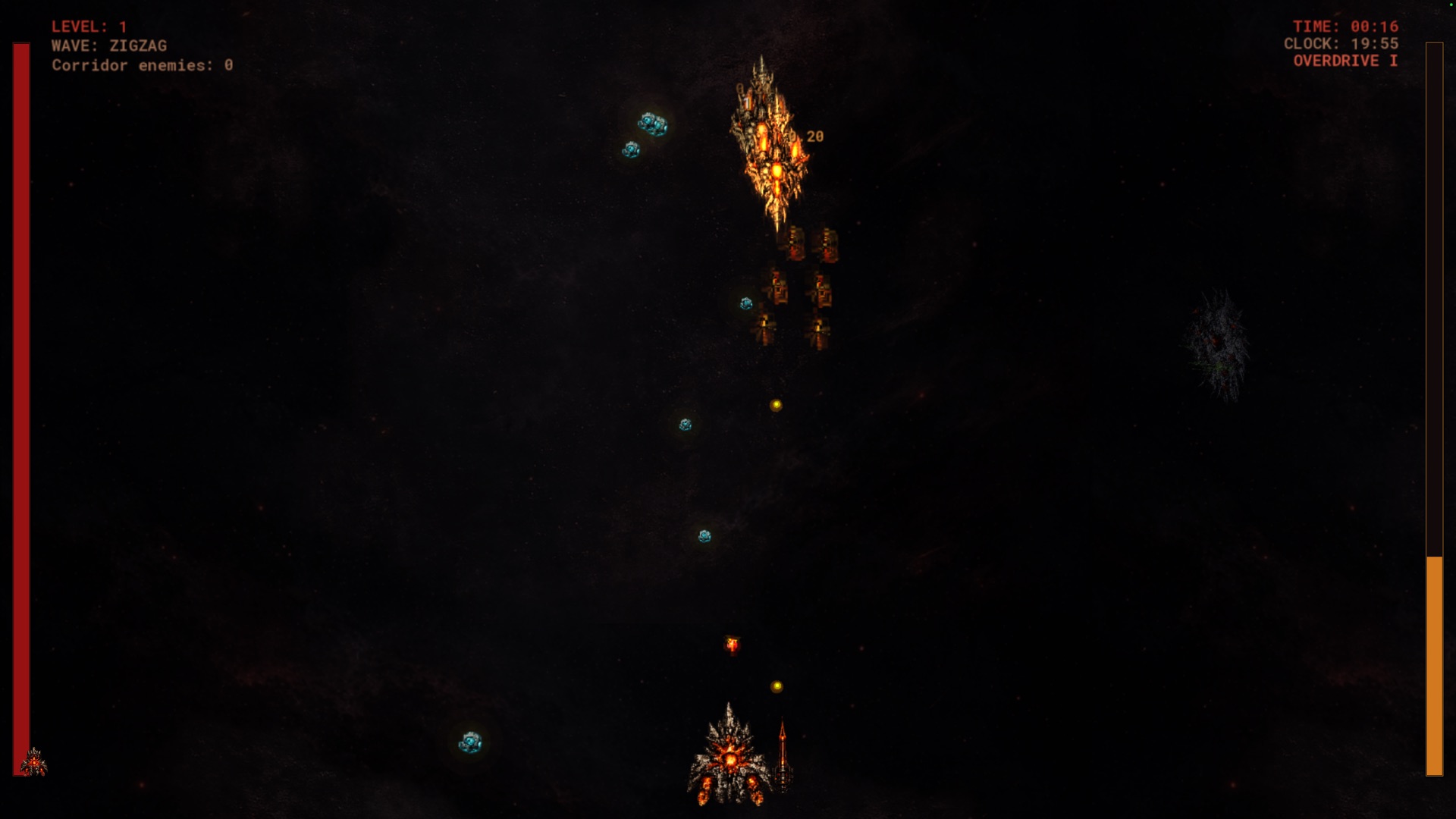 Sakrul Survivors screenshot showing zigzag enemy formations in space