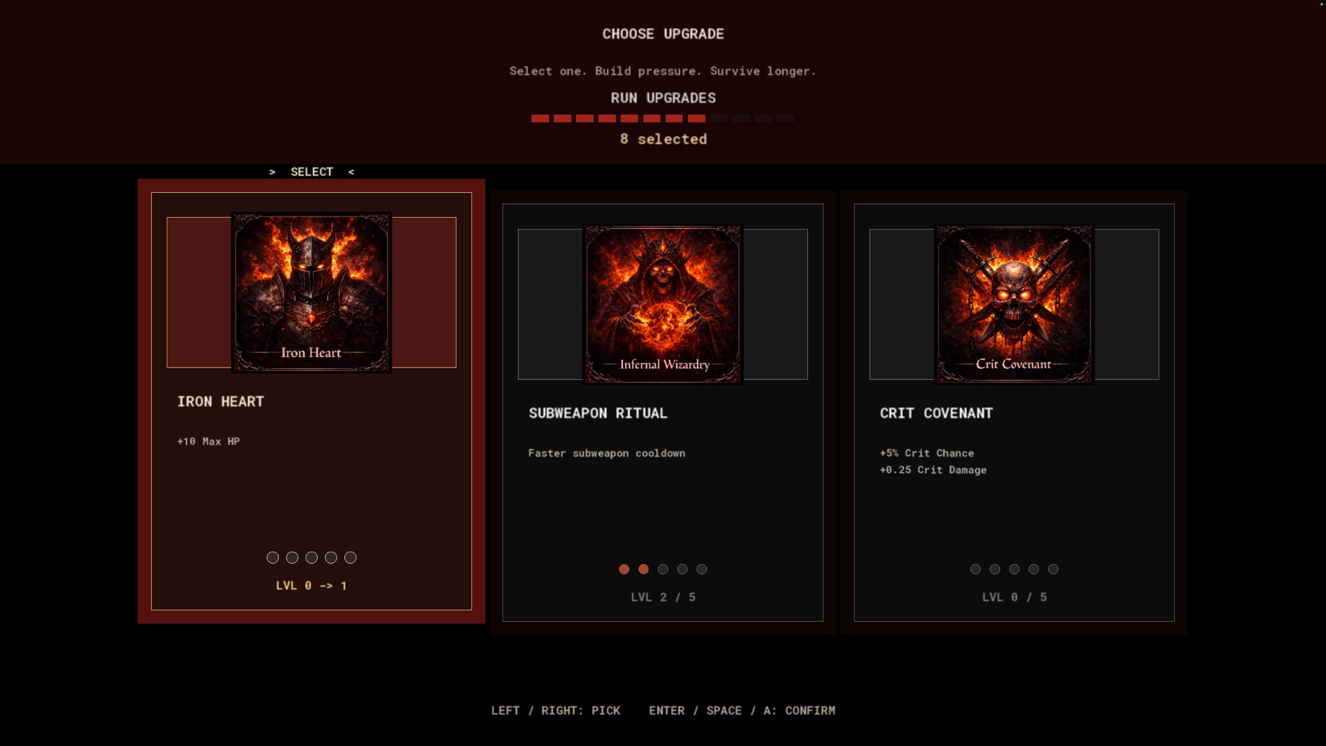 Sakrul Survivors screenshot showing the upgrade selection interface
